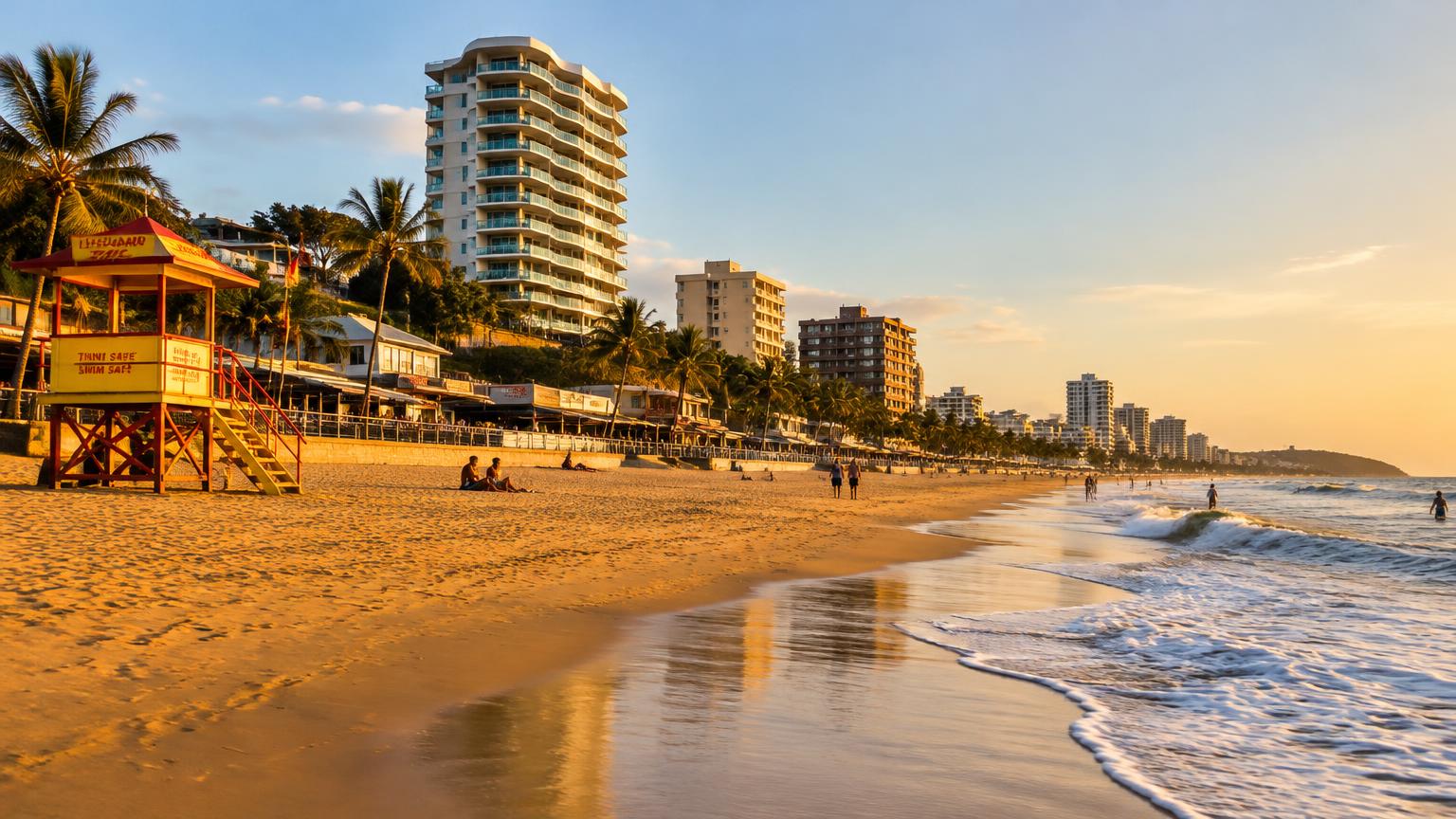 Amanzimtoti beachfront with lifeguard tower and apartments