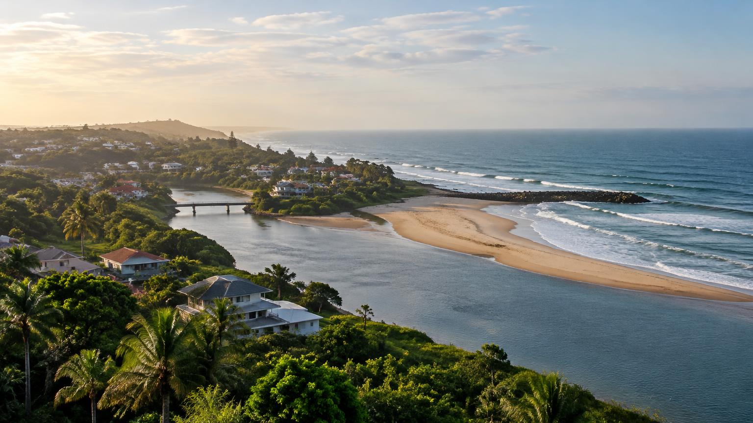 Umkomaas river mouth and coastal homes on the KwaZulu-Natal South Coast