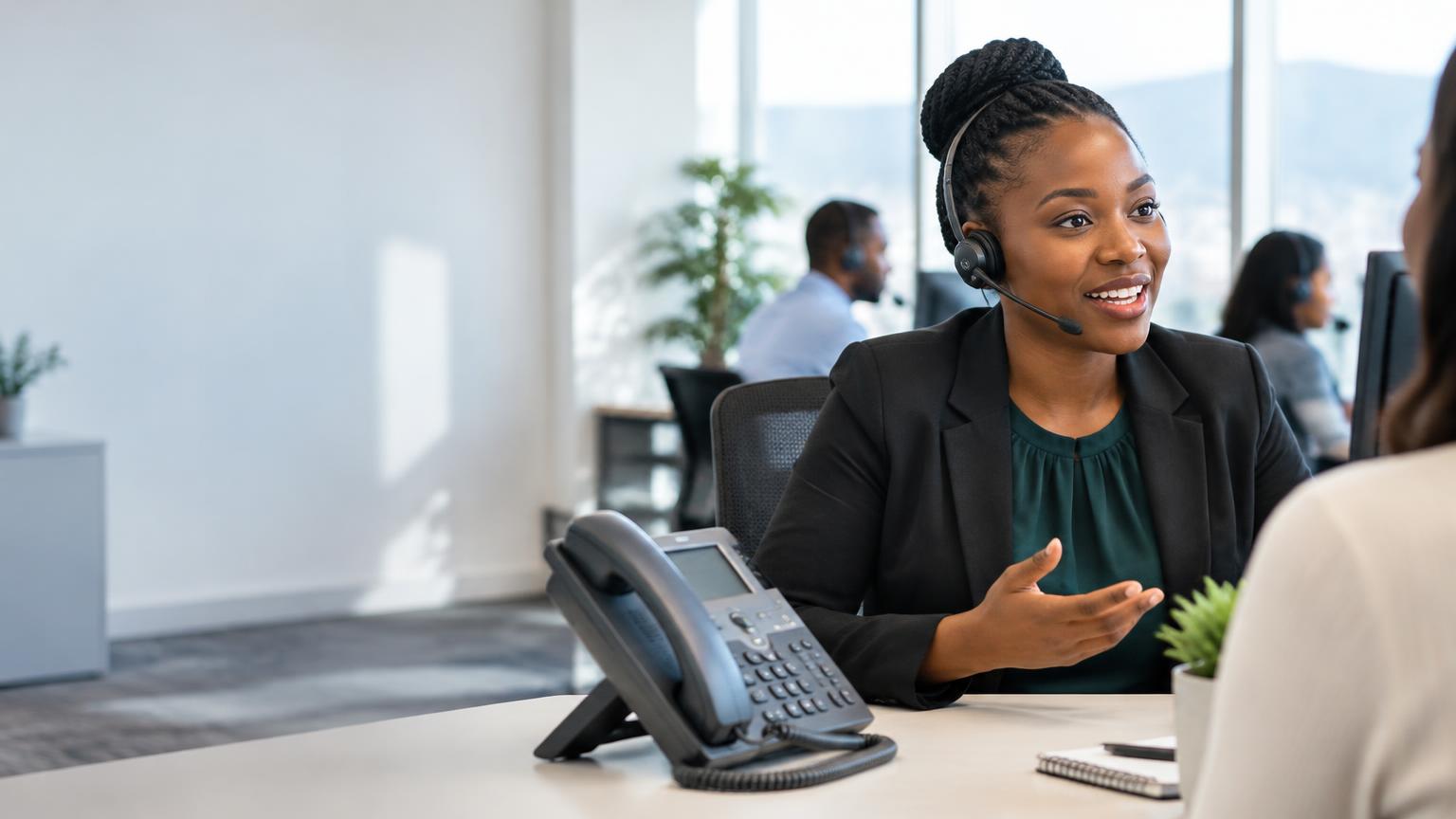 Customer support professional with a headset and IP desk phone